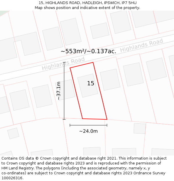 15, HIGHLANDS ROAD, HADLEIGH, IPSWICH, IP7 5HU: Plot and title map