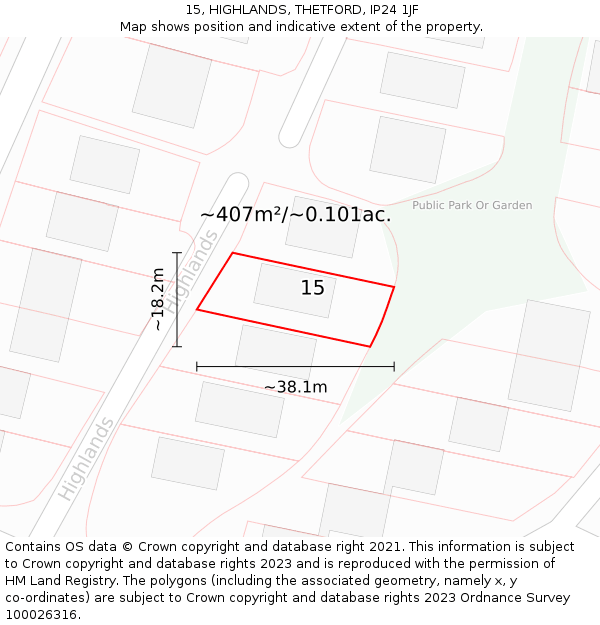 15, HIGHLANDS, THETFORD, IP24 1JF: Plot and title map
