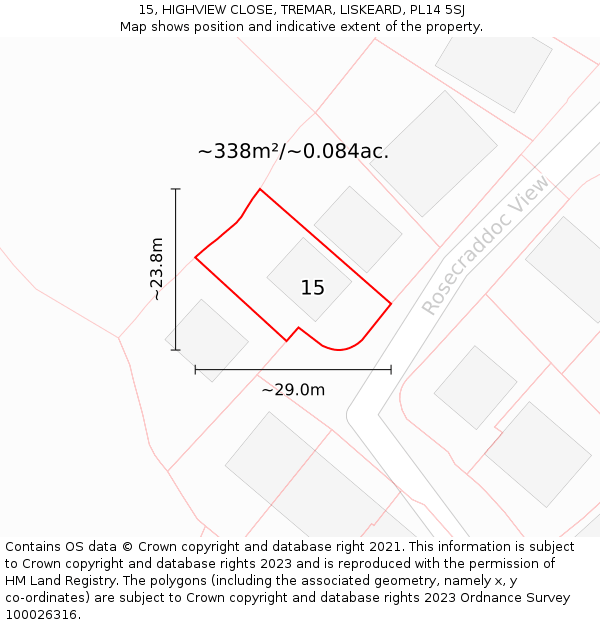 15, HIGHVIEW CLOSE, TREMAR, LISKEARD, PL14 5SJ: Plot and title map