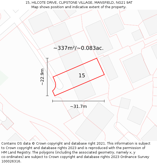 15, HILCOTE DRIVE, CLIPSTONE VILLAGE, MANSFIELD, NG21 9AT: Plot and title map