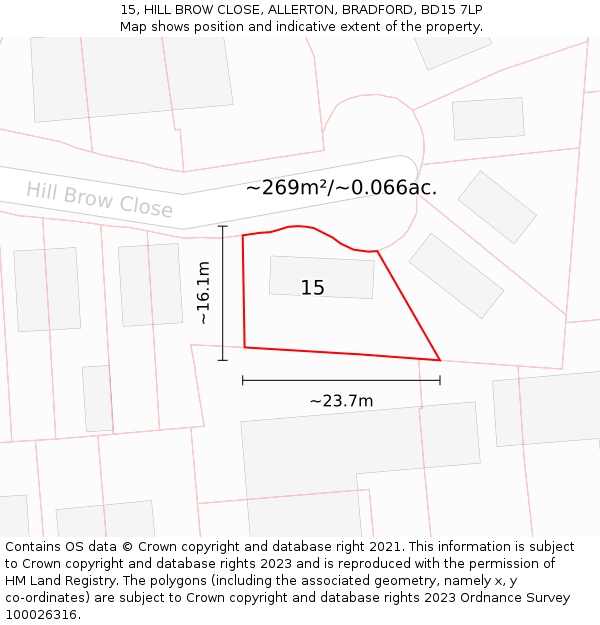 15, HILL BROW CLOSE, ALLERTON, BRADFORD, BD15 7LP: Plot and title map