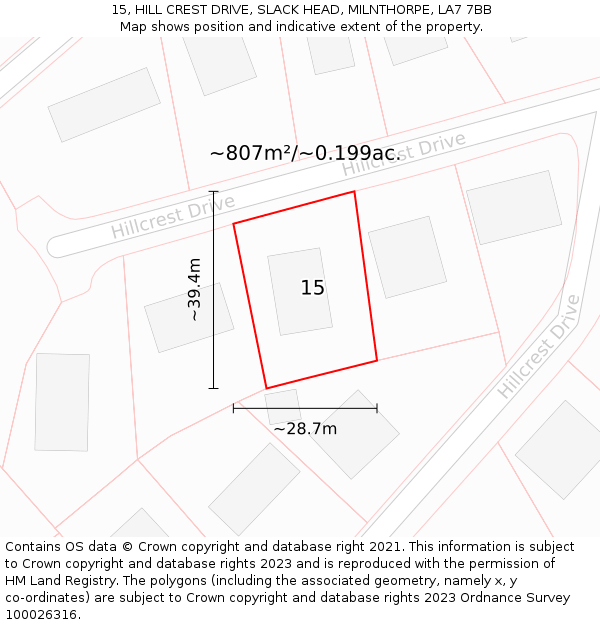 15, HILL CREST DRIVE, SLACK HEAD, MILNTHORPE, LA7 7BB: Plot and title map