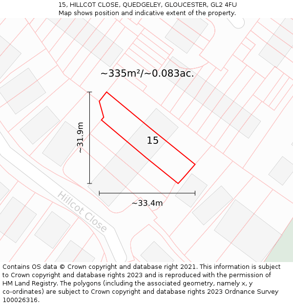 15, HILLCOT CLOSE, QUEDGELEY, GLOUCESTER, GL2 4FU: Plot and title map