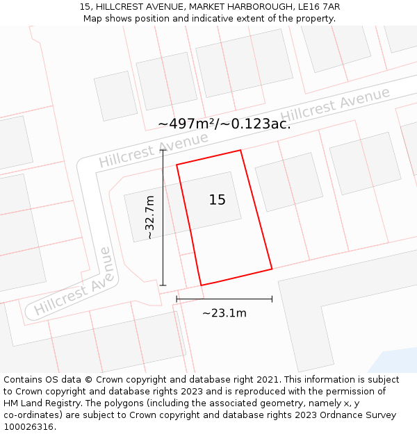 15, HILLCREST AVENUE, MARKET HARBOROUGH, LE16 7AR: Plot and title map