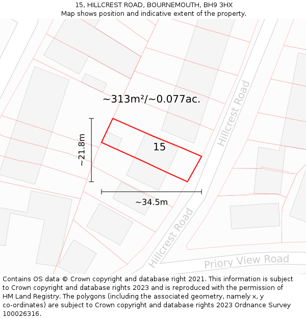 15, HILLCREST ROAD, BOURNEMOUTH, BH9 3HX: Plot and title map