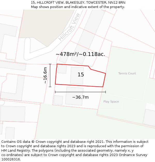 15, HILLCROFT VIEW, BLAKESLEY, TOWCESTER, NN12 8RN: Plot and title map
