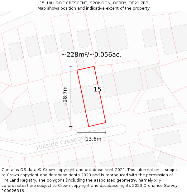 15, HILLSIDE CRESCENT, SPONDON, DERBY, DE21 7RB: Plot and title map