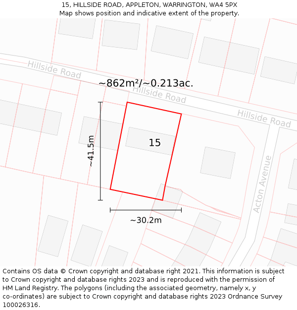 15, HILLSIDE ROAD, APPLETON, WARRINGTON, WA4 5PX: Plot and title map