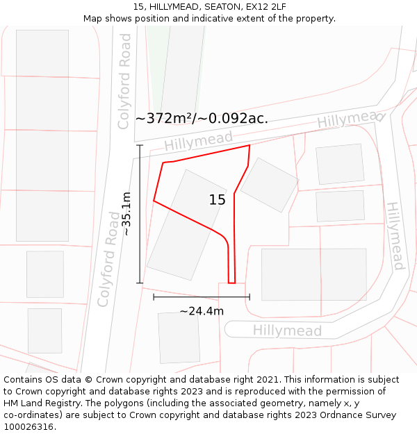 15, HILLYMEAD, SEATON, EX12 2LF: Plot and title map