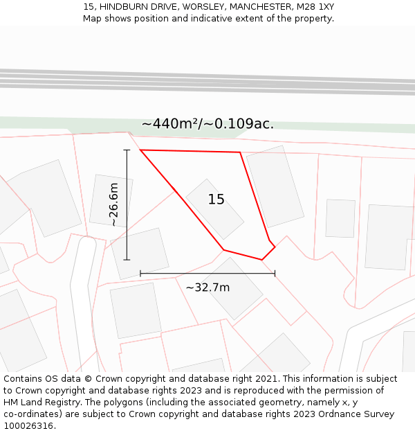 15, HINDBURN DRIVE, WORSLEY, MANCHESTER, M28 1XY: Plot and title map
