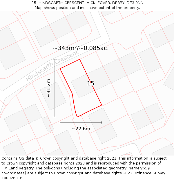 15, HINDSCARTH CRESCENT, MICKLEOVER, DERBY, DE3 9NN: Plot and title map
