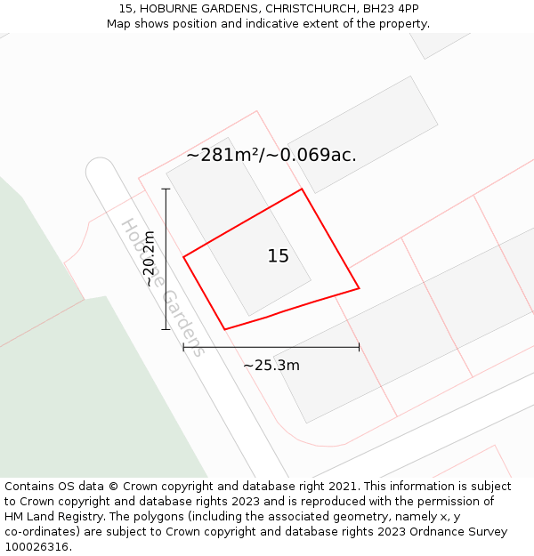 15, HOBURNE GARDENS, CHRISTCHURCH, BH23 4PP: Plot and title map