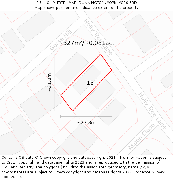 15, HOLLY TREE LANE, DUNNINGTON, YORK, YO19 5RD: Plot and title map