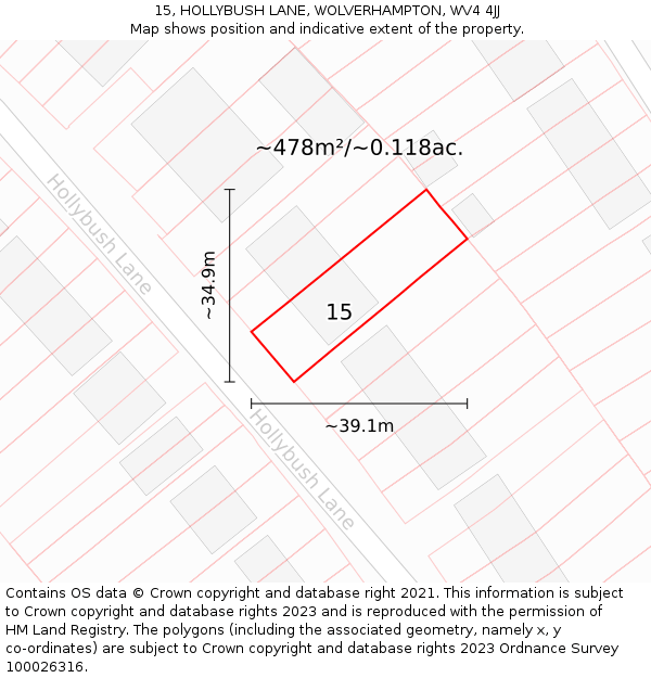 15, HOLLYBUSH LANE, WOLVERHAMPTON, WV4 4JJ: Plot and title map