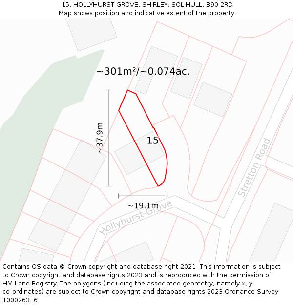 15, HOLLYHURST GROVE, SHIRLEY, SOLIHULL, B90 2RD: Plot and title map
