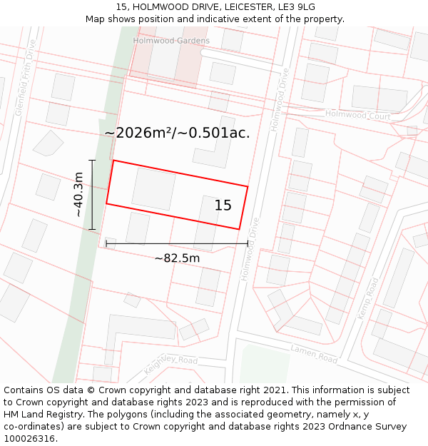 15, HOLMWOOD DRIVE, LEICESTER, LE3 9LG: Plot and title map
