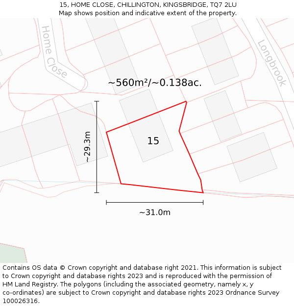 15, HOME CLOSE, CHILLINGTON, KINGSBRIDGE, TQ7 2LU: Plot and title map