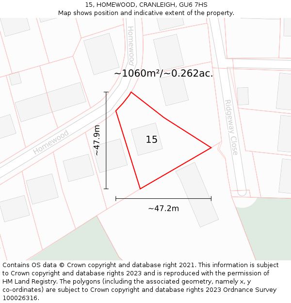 15, HOMEWOOD, CRANLEIGH, GU6 7HS: Plot and title map
