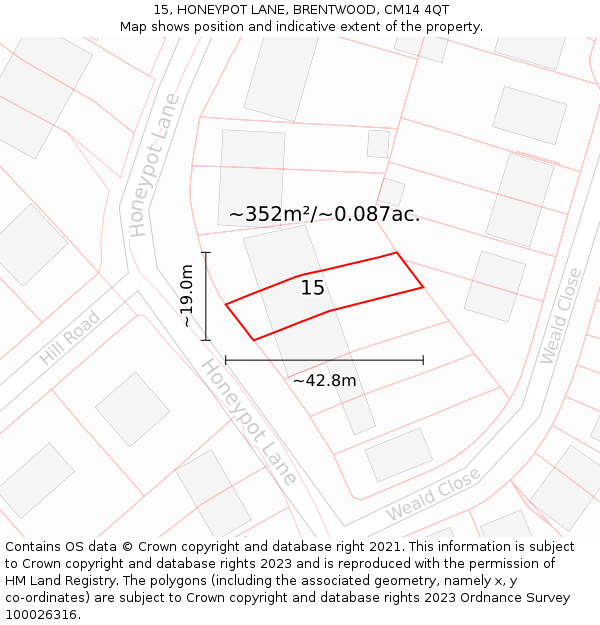 15, HONEYPOT LANE, BRENTWOOD, CM14 4QT: Plot and title map