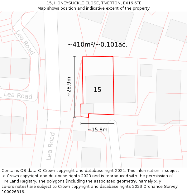 15, HONEYSUCKLE CLOSE, TIVERTON, EX16 6TE: Plot and title map