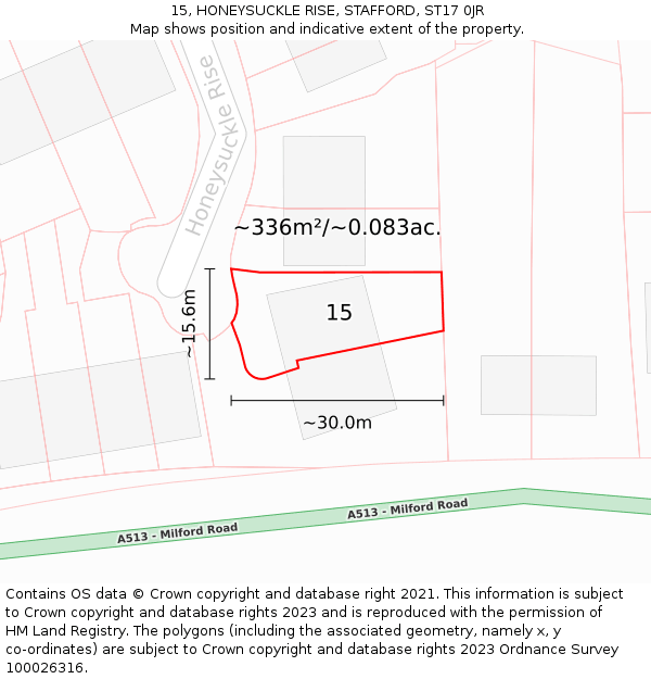 15, HONEYSUCKLE RISE, STAFFORD, ST17 0JR: Plot and title map
