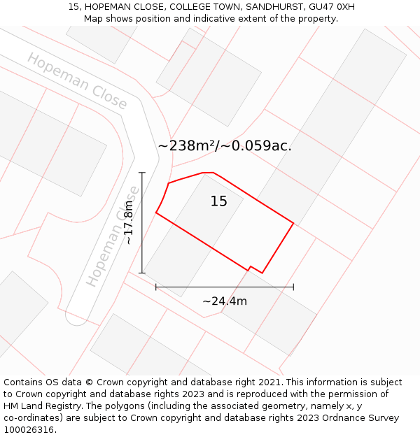 15, HOPEMAN CLOSE, COLLEGE TOWN, SANDHURST, GU47 0XH: Plot and title map