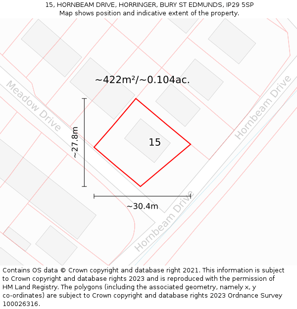 15, HORNBEAM DRIVE, HORRINGER, BURY ST EDMUNDS, IP29 5SP: Plot and title map