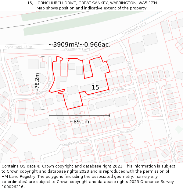 15, HORNCHURCH DRIVE, GREAT SANKEY, WARRINGTON, WA5 1ZN: Plot and title map