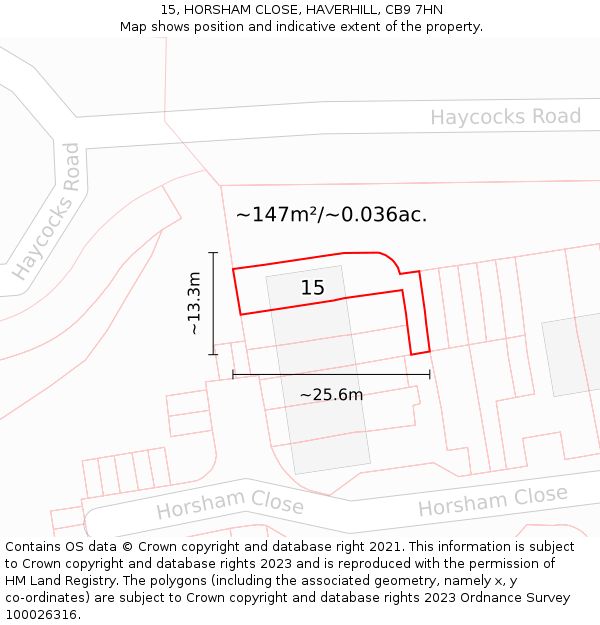 15, HORSHAM CLOSE, HAVERHILL, CB9 7HN: Plot and title map
