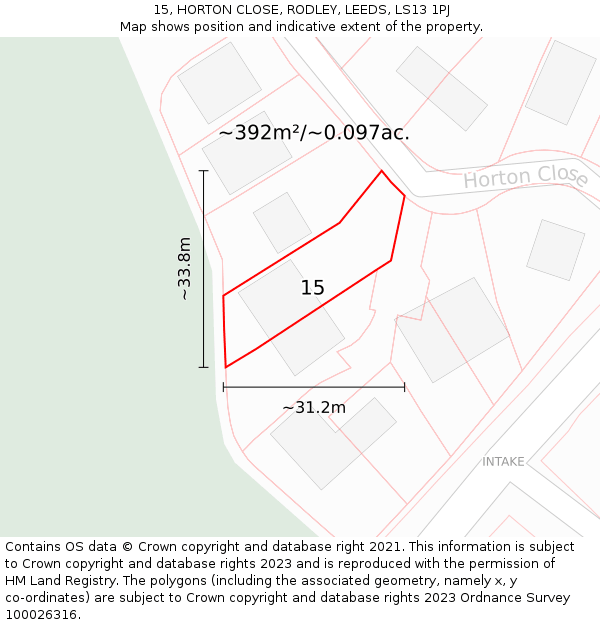 15, HORTON CLOSE, RODLEY, LEEDS, LS13 1PJ: Plot and title map