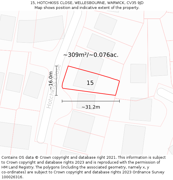 15, HOTCHKISS CLOSE, WELLESBOURNE, WARWICK, CV35 9JD: Plot and title map