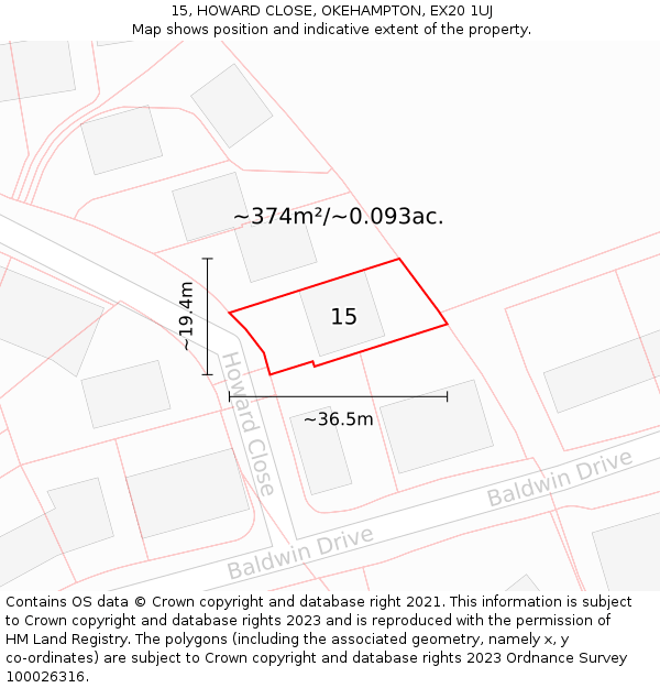 15, HOWARD CLOSE, OKEHAMPTON, EX20 1UJ: Plot and title map