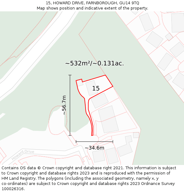 15, HOWARD DRIVE, FARNBOROUGH, GU14 9TQ: Plot and title map