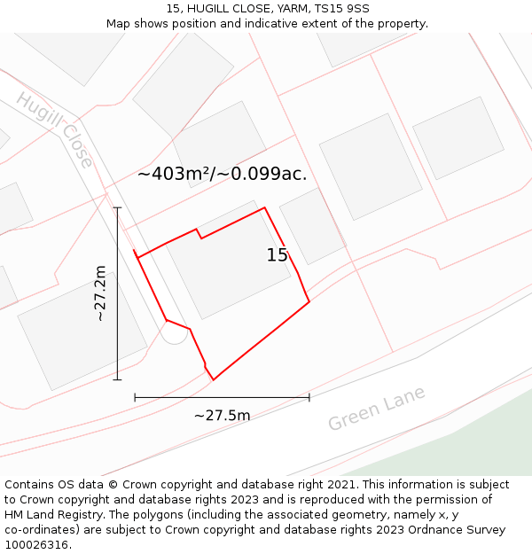 15, HUGILL CLOSE, YARM, TS15 9SS: Plot and title map