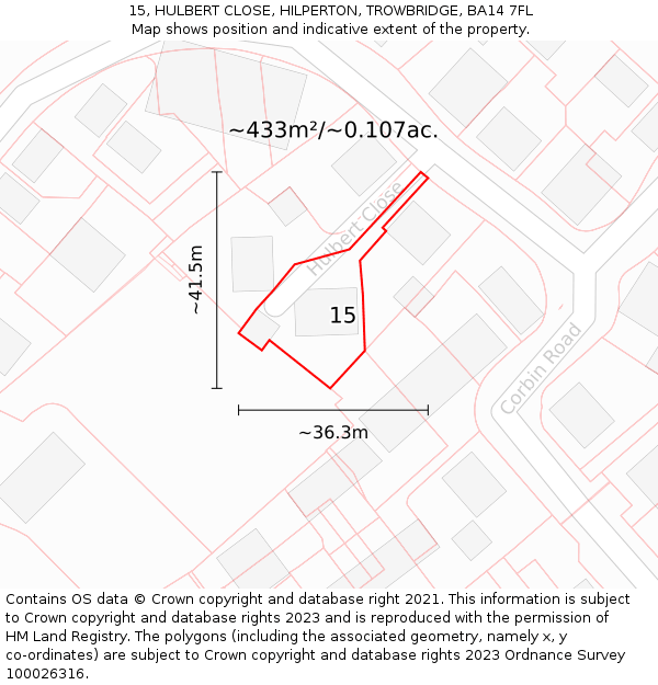 15, HULBERT CLOSE, HILPERTON, TROWBRIDGE, BA14 7FL: Plot and title map