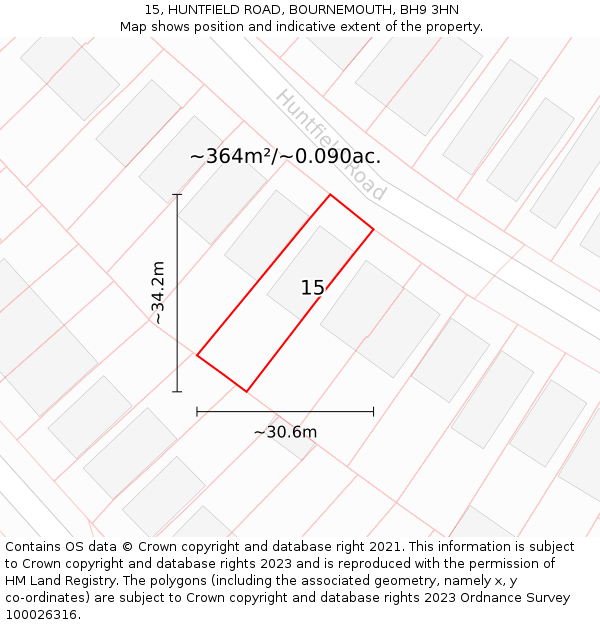 15, HUNTFIELD ROAD, BOURNEMOUTH, BH9 3HN: Plot and title map