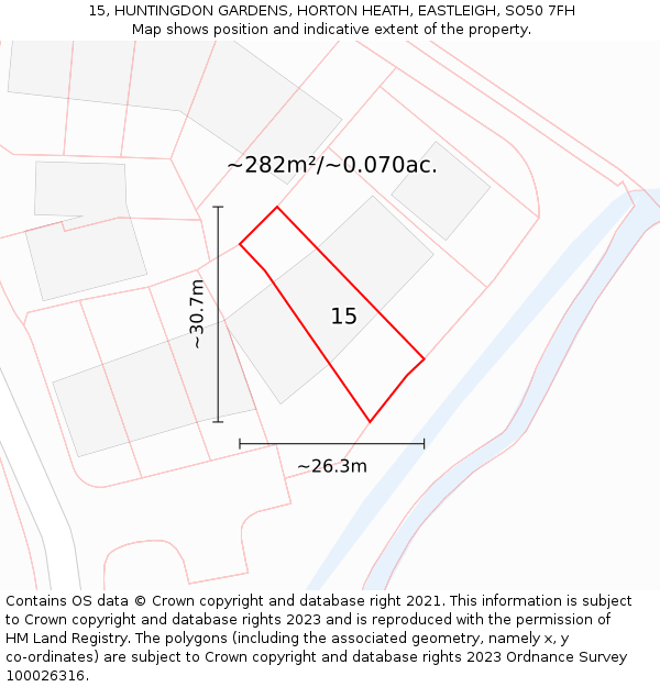 15, HUNTINGDON GARDENS, HORTON HEATH, EASTLEIGH, SO50 7FH: Plot and title map