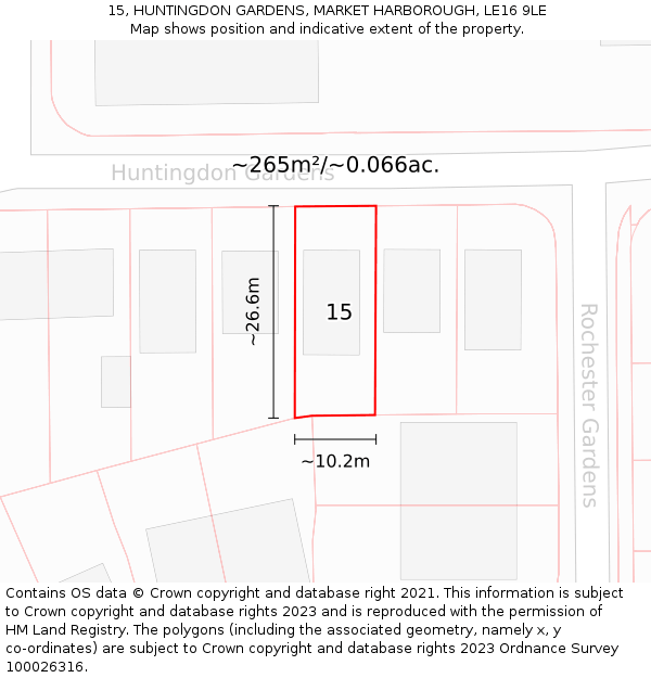 15, HUNTINGDON GARDENS, MARKET HARBOROUGH, LE16 9LE: Plot and title map