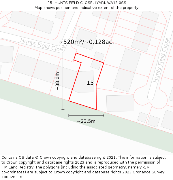15, HUNTS FIELD CLOSE, LYMM, WA13 0SS: Plot and title map