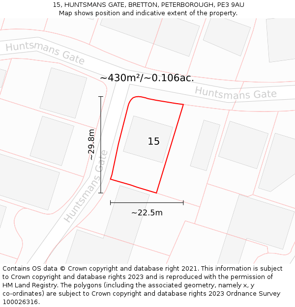 15, HUNTSMANS GATE, BRETTON, PETERBOROUGH, PE3 9AU: Plot and title map