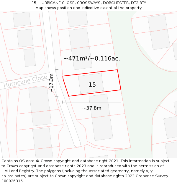 15, HURRICANE CLOSE, CROSSWAYS, DORCHESTER, DT2 8TY: Plot and title map