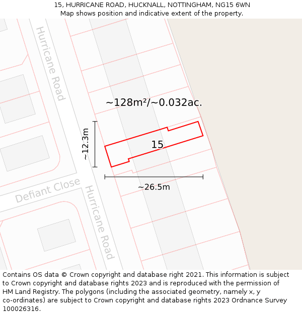 15, HURRICANE ROAD, HUCKNALL, NOTTINGHAM, NG15 6WN: Plot and title map