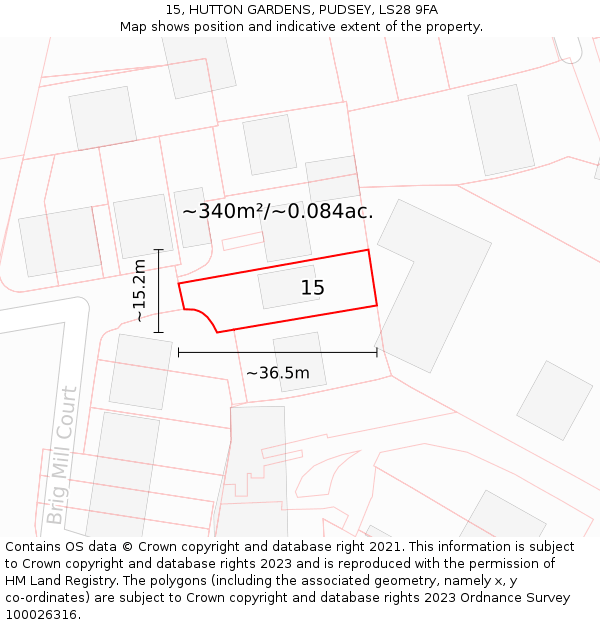 15, HUTTON GARDENS, PUDSEY, LS28 9FA: Plot and title map