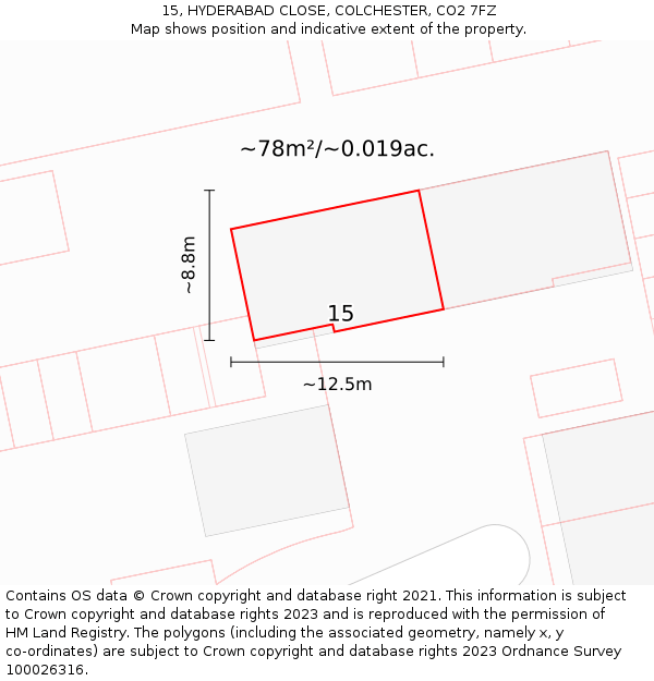 15, HYDERABAD CLOSE, COLCHESTER, CO2 7FZ: Plot and title map