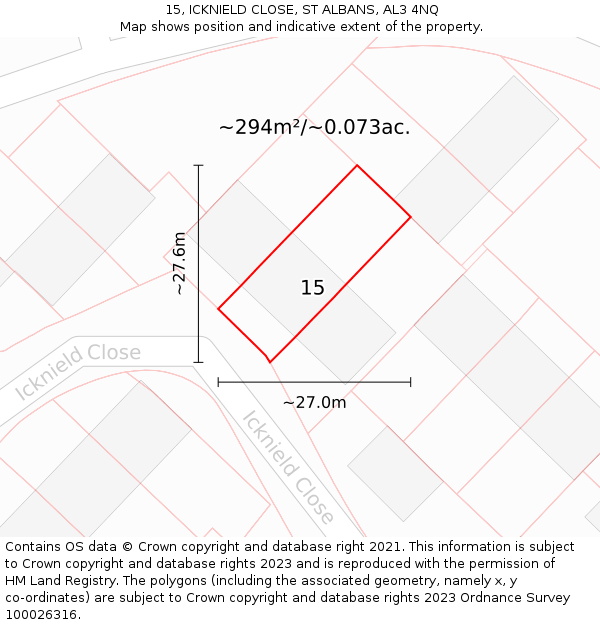 15, ICKNIELD CLOSE, ST ALBANS, AL3 4NQ: Plot and title map