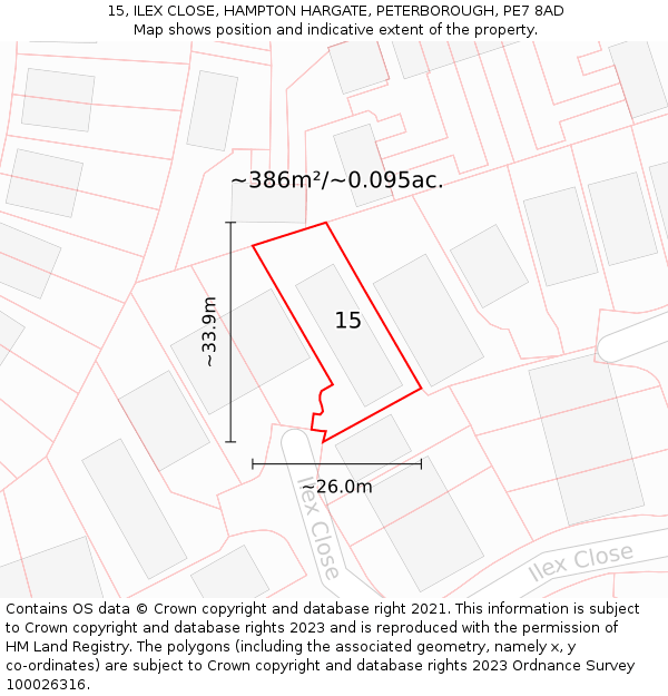 15, ILEX CLOSE, HAMPTON HARGATE, PETERBOROUGH, PE7 8AD: Plot and title map