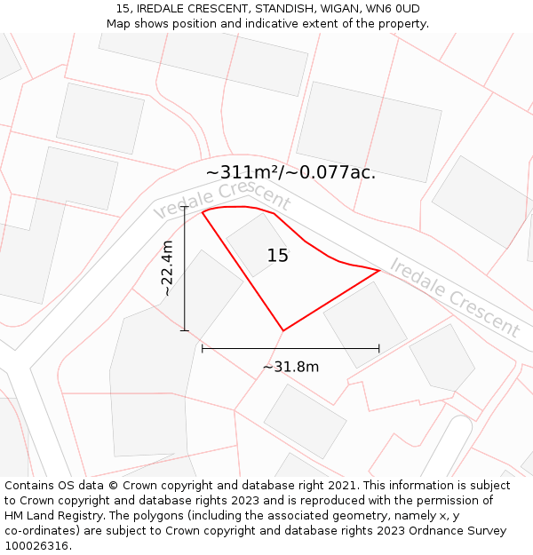 15, IREDALE CRESCENT, STANDISH, WIGAN, WN6 0UD: Plot and title map