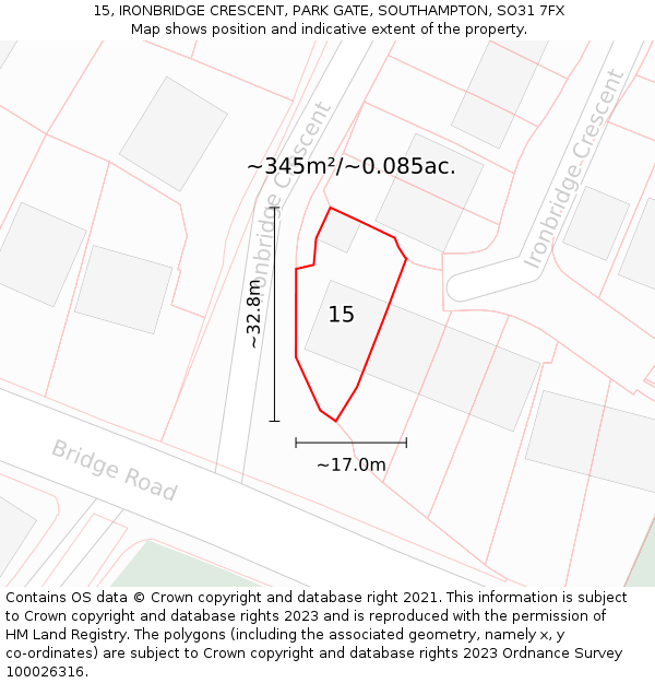 15, IRONBRIDGE CRESCENT, PARK GATE, SOUTHAMPTON, SO31 7FX: Plot and title map