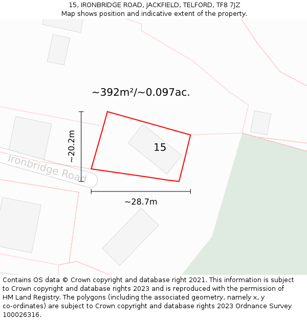 15, IRONBRIDGE ROAD, JACKFIELD, TELFORD, TF8 7JZ: Plot and title map