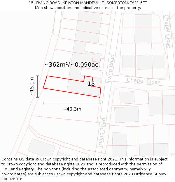 15, IRVING ROAD, KEINTON MANDEVILLE, SOMERTON, TA11 6ET: Plot and title map